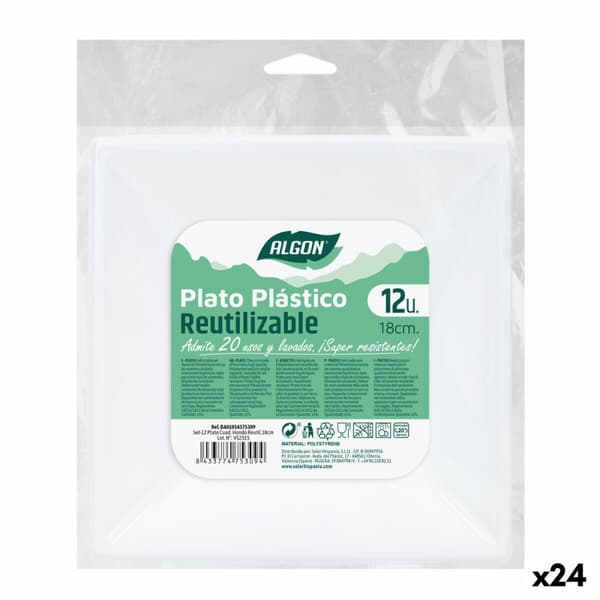 Sett med gjenbrukbare tallerkener Algon Kvadrat Hvit Plast 18 x 18 x 4 cm (24 enheter)