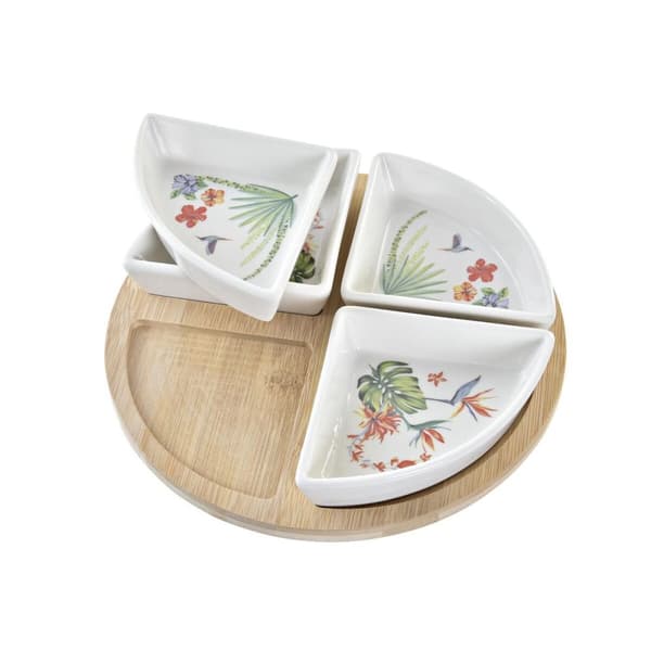 Tilltuggsset DKD Home Decor Vit Multicolour Naturell Bambu Stengods Tropiskt 21,5 x 21,5 x 1 cm (5 pcs)