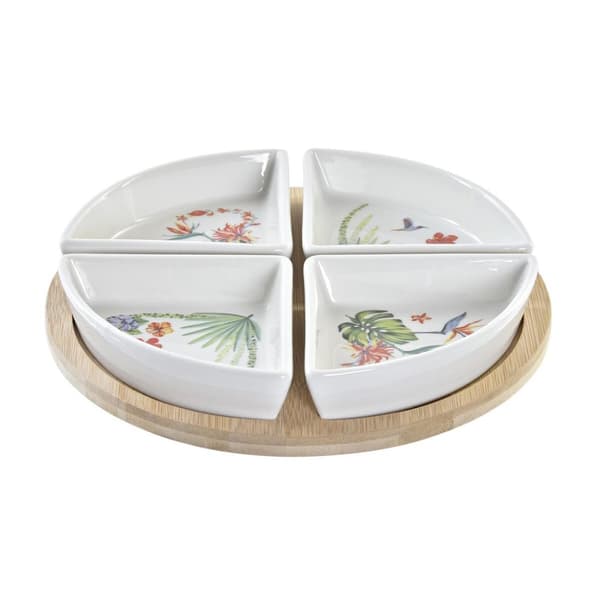 Tilltuggsset DKD Home Decor Vit Multicolour Naturell Bambu Stengods Tropiskt 21,5 x 21,5 x 1 cm (5 pcs)