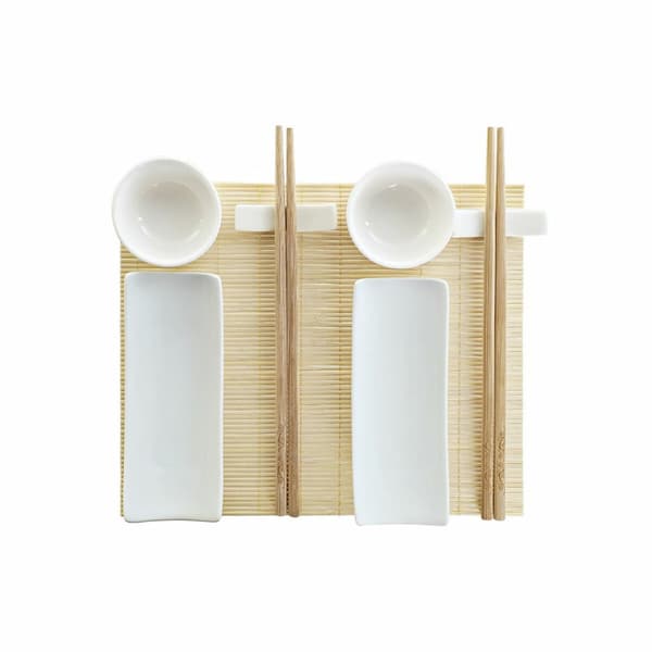 Sushisetti DKD Home Decor Bambu Kivitavara Valkoinen Luonnollinen Itämainen 28,5 x 19,5 x 3,3 cm (9 Kappaletta) (28,5 x 19,5 x 3