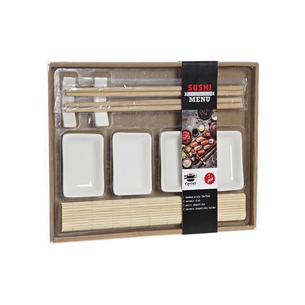 Sushi-sæt DKD Home Decor Metal Bambus Hvid Natur Orientalsk 30 x 40 cm 28 x 22 x 2,5 cm (9 Dele)