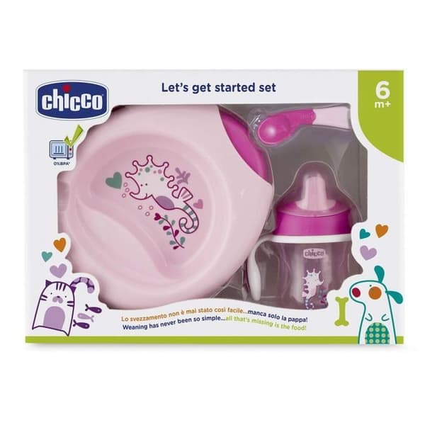 Chicco måltidsset (Håll varm tallrik + dekorerad djup tallrik + träningskopp + vinklad sked) - Rosa - 6M+ - 00016