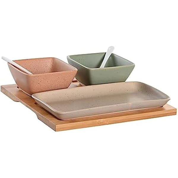 Förrättsset - DKD Home Decor - Estándar - Flerfärgad - Porslin och bambu - 23,5 x 24 x 1,5 cm