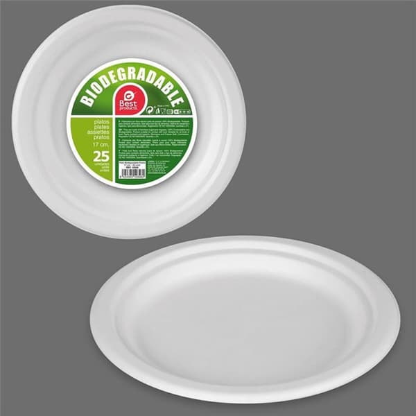 Tallriksset Best Products Green Sockerrör Ø 17 cm Vit Biologiskt nedbrytbar Engångsanvändning 25 antal