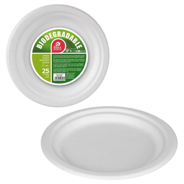 Tallriksset Best Products Green Sockerrör Ø 17 cm Vit Biologiskt nedbrytbar Engångsanvändning 25 antal