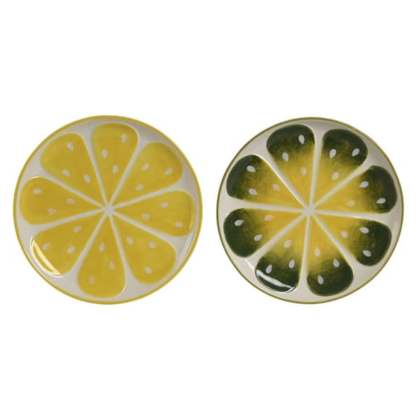 Platt skål Home ESPRIT Gul Grön Stengods Citron 22,5 x 22,5 x 2,5 cm (2 antal)