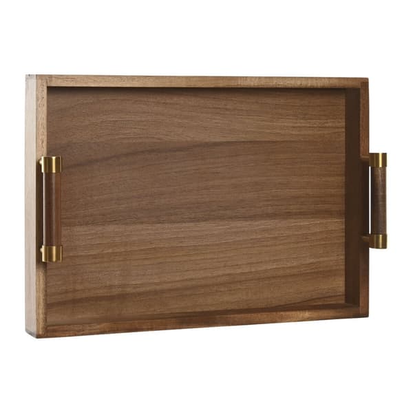 Snacksbricka Home ESPRIT Gyllene Naturell Metall Akaciaträ 39 x 26,5 x 8 cm