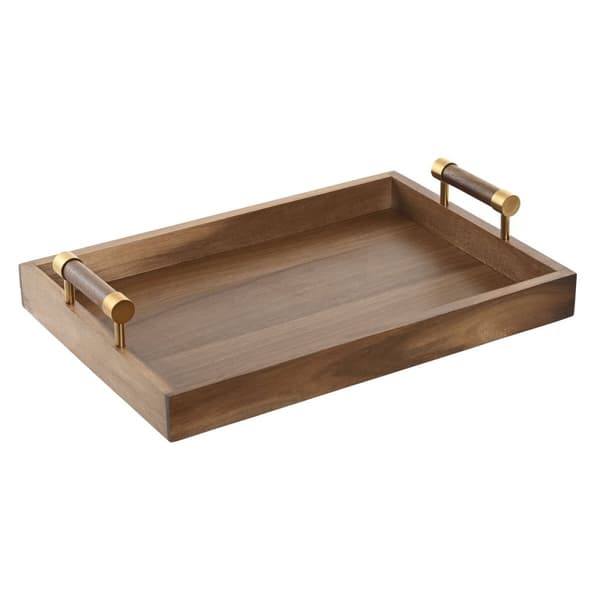 Snacksbricka Home ESPRIT Gyllene Naturell Metall Akaciaträ 39 x 26,5 x 8 cm