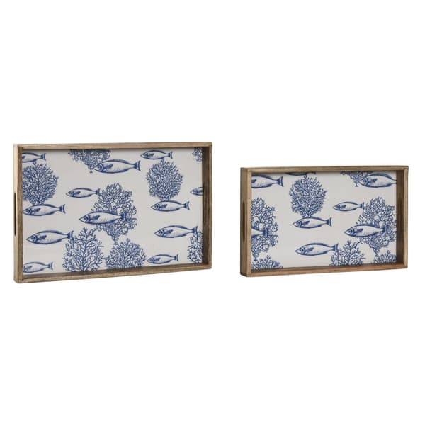 Tarjotinsetti Home ESPRIT Sininen Valkoinen Luonnollinen Mangopuu 43,5 x 27 x 5,5 cm (2 osaa)