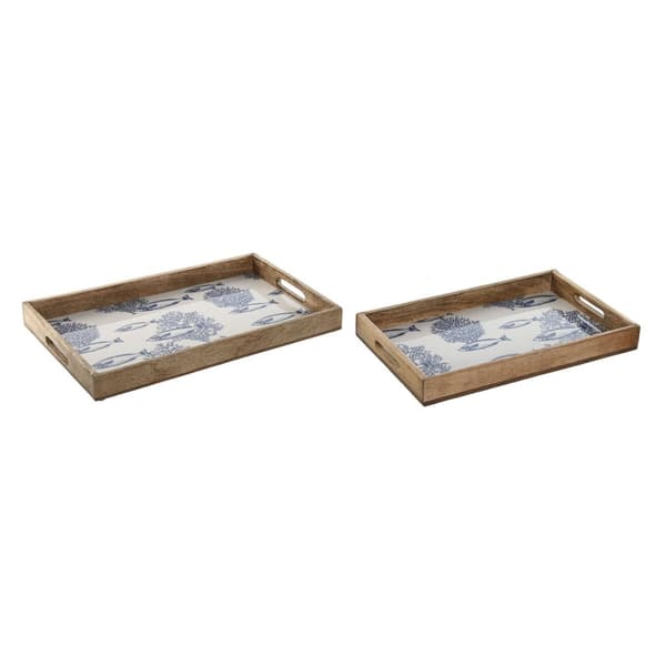 Uppsättning med Brickor Home ESPRIT Blå Vit Naturell Mangoträ 43,5 x 27 x 5,5 cm (2 antal)