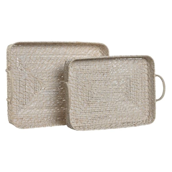 Uppsättning med Brickor Home ESPRIT Vit Naturell Bambu Rattan 45 x 35 x 13 cm