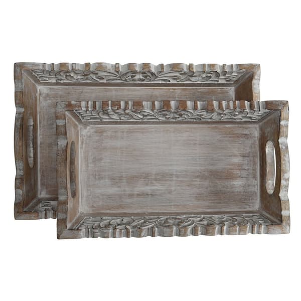 Uppsättning med Brickor Home ESPRIT Vit Naturell Indier Avskalad 40,5 x 25,5 x 6,5 cm (2 antal)