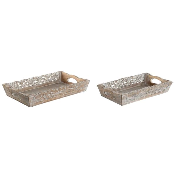 Uppsättning med Brickor Home ESPRIT Vit Naturell Indier Avskalad 40,5 x 25,5 x 6,5 cm (2 antal)