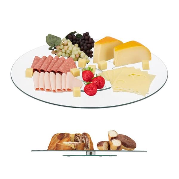 Relaxdays Serveringsfat, Vridbart fat, Presentationsfat i glas för bakverk, 360°, 45 cm, transparent/silver