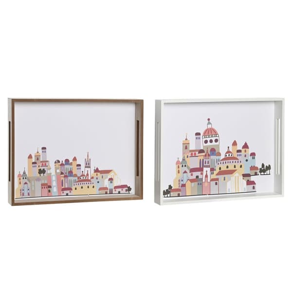 Välipalatarjotin DKD Home Decor Monivärinen Puu MDF Cottage Talot (2 osaa) (40 x 30 x 5 cm)