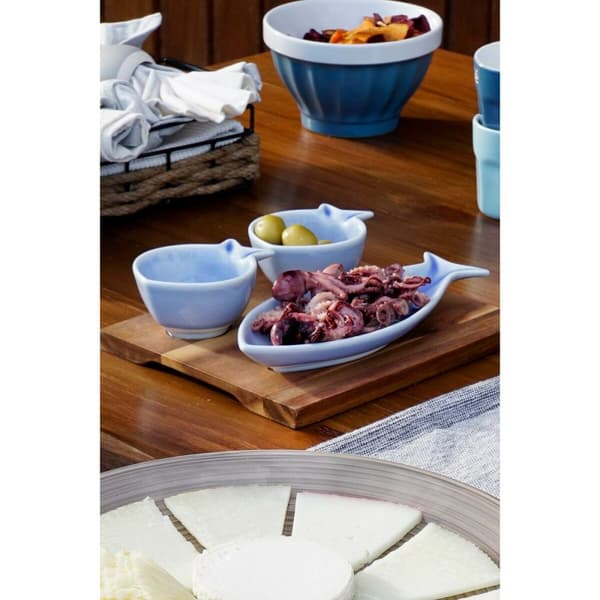 Sæt til appetizere Home ESPRIT Blå Himmelblå Porcelæn Akacie Middelhavet Fisk 19,5 x 16,5 x 1,3 cm 4 Dele