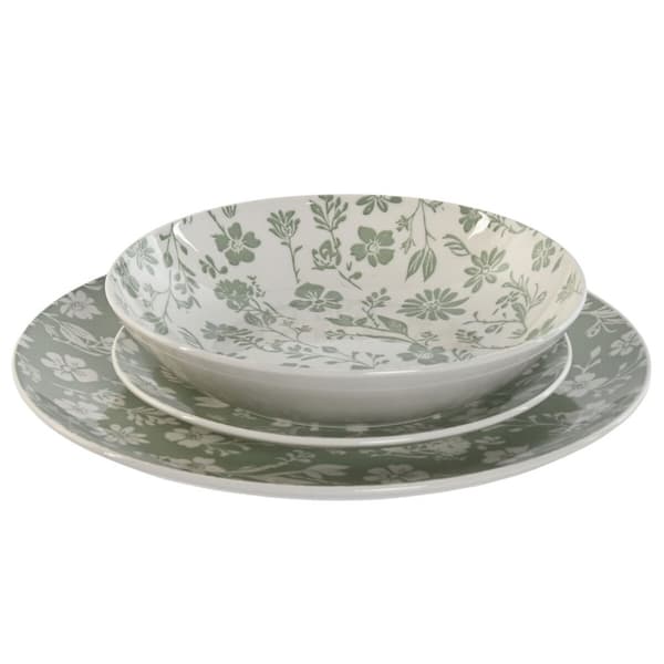 Servissats Home ESPRIT Vit Grön Porslin Blommig 27 x 27 x 2 cm 18 Delar