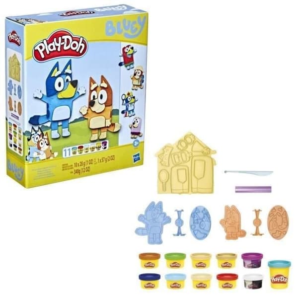 Play-Doh Bluey klär ut sig, Box med 11 krukor med Bluey modelllera och hans syster Bingo, från 3 år