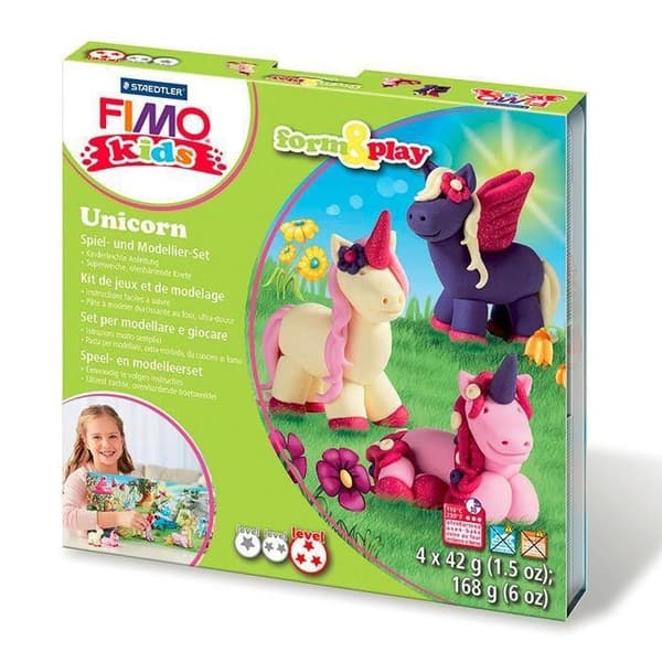 Fimo Kids Unicorn Kit - Staedtler - Form&amp;Play - 4 olika 42 g modelleringslerlimpor + modelleringsverktyg + dekor