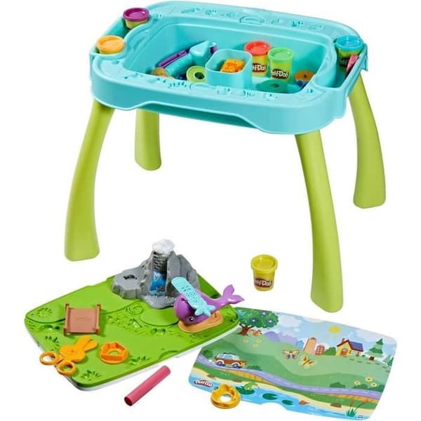 Vändbart Play-Doh Creation-bord för barn med 15 tillbehör och 6 krukor med Playdough, Play-Doh-förrätter