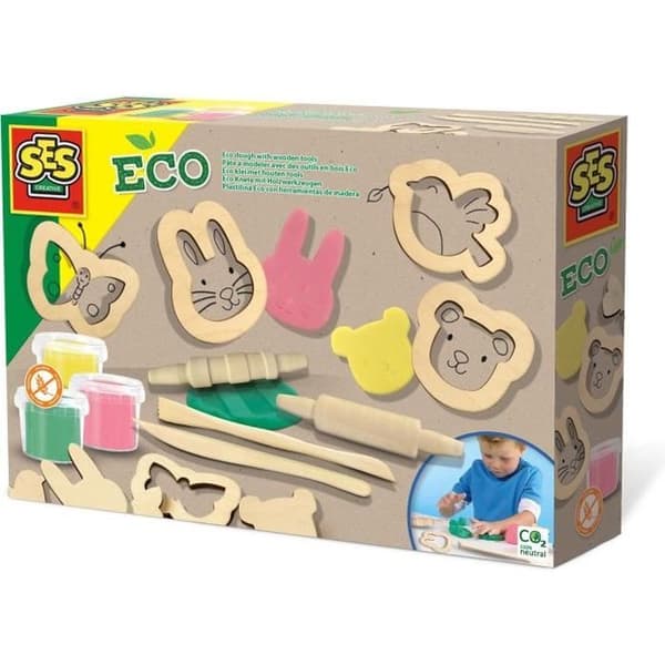SES CREATIVE modelleringslera kit med Eco-träverktyg - 3 färger - För barn från 3 månader