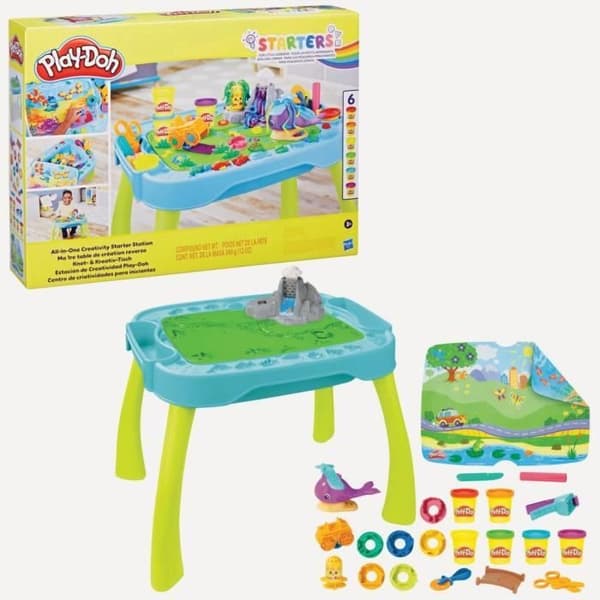 Vändbart Play-Doh Creation-bord för barn med 15 tillbehör och 6 krukor med Playdough, Play-Doh-förrätter