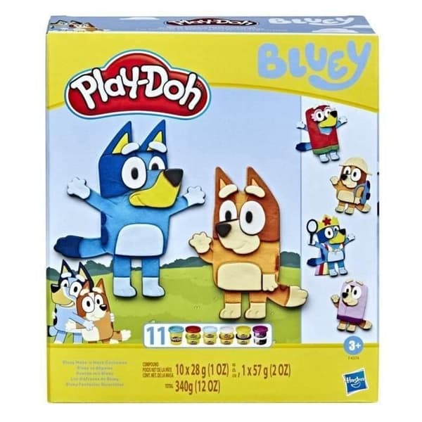 Play-Doh Bluey klär ut sig, Box med 11 krukor med Bluey modelllera och hans syster Bingo, från 3 år