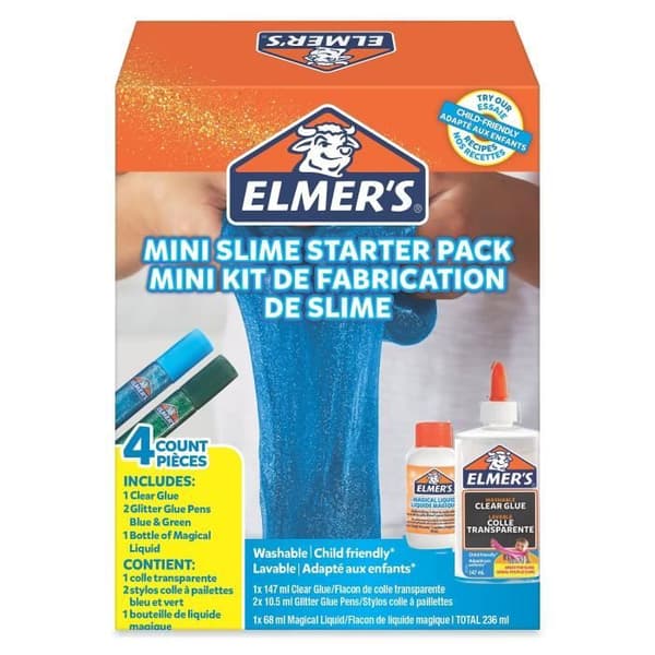 ELMER'S Mini Slime Making Kit, 1 flaska genomskinligt lim, 2 blå och gröna glitterlimpennor, 1 flaska magisk vätska