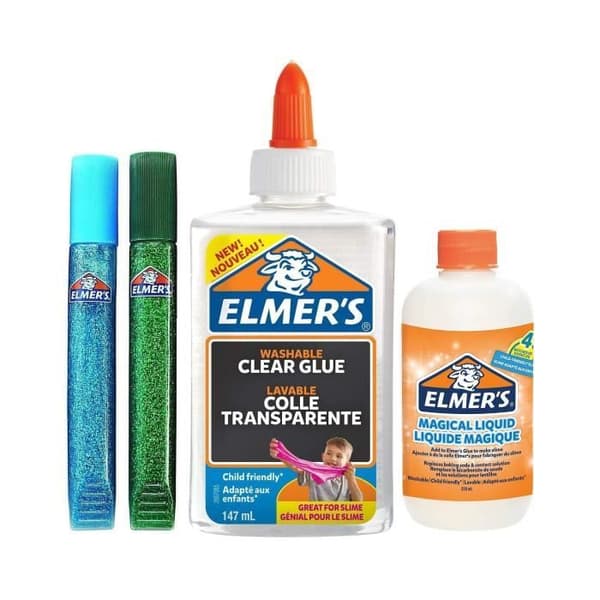 ELMER'S Mini Slime Making Kit, 1 flaska genomskinligt lim, 2 blå och gröna glitterlimpennor, 1 flaska magisk vätska
