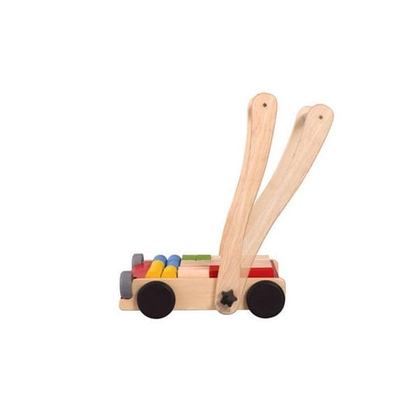 Lära-gå-vagn av trä med träklossar på flaket - Plantoys