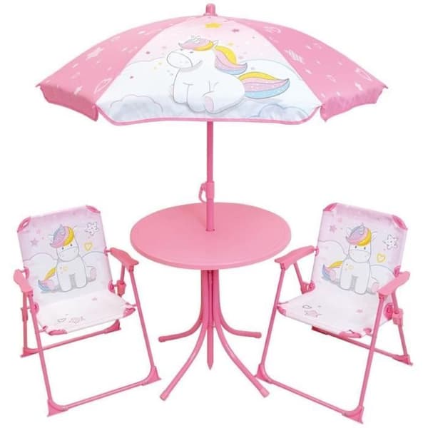 Trädgårdsmöbler - FUN HOUSE - Enhörningsträdgårdsmöbler: Bord H.46 x 46 cm, 2 fällstolar, parasoll H.125 x 100 cm