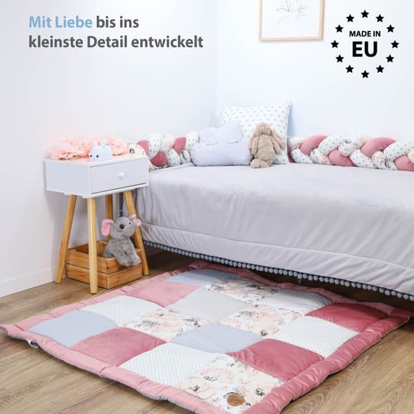Baby kravlemåtte Velvet legemåtte 100x100 cm - PATCHWORK kravlegård indsats bomuld med fløjl og vaffel pique wild rose