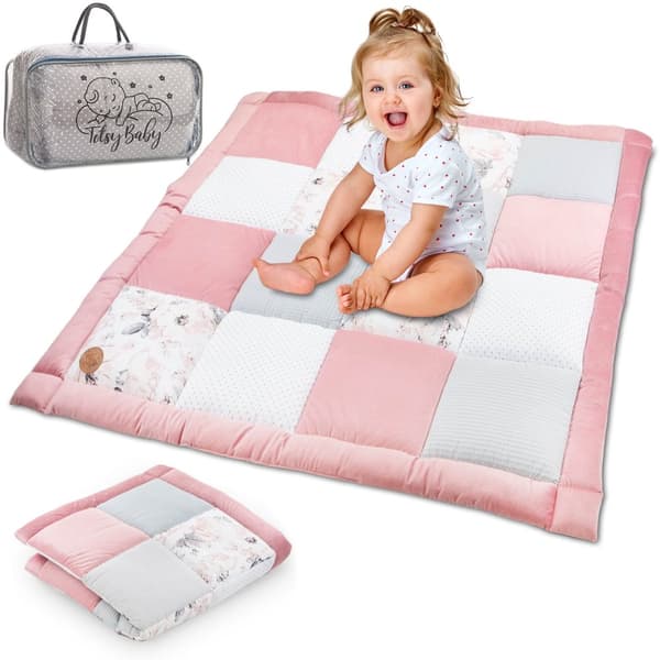 Babykrypmatta Sammet lekmatta 100x100 cm - PATCHWORK lekhageinlägg bomull med sammet och våffelpiké vildros