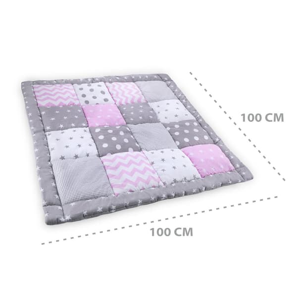 Baby kravlemåtte Velvet legemåtte 100x100 cm - PATCHWORK kravlegård indsats bomuld med fløjl og vaffel pique pink-grå