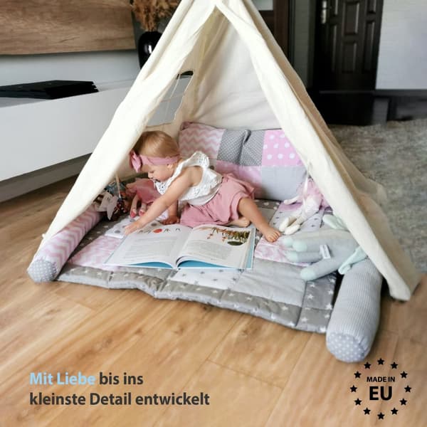 Baby kravlemåtte Velvet legemåtte 100x100 cm - PATCHWORK kravlegård indsats bomuld med fløjl og vaffel pique pink-grå