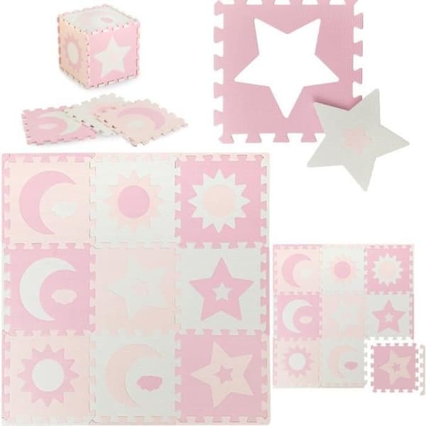 MoMi NEBE Aktivitetsmatta – 3D EVA skumpussel för barn – 90x90cm – Rosa