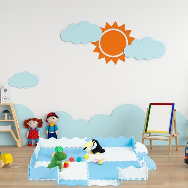 Relaxdays Puzzle golvmatta med kant, 120x120 EVA skumkakel, babyutveckling, fri från föroreningar, 24 delar, blå-vit