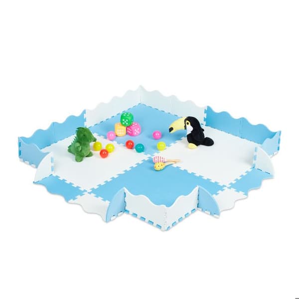 Relaxdays Puzzle golvmatta med kant, 120x120 EVA skumkakel, babyutveckling, fri från föroreningar, 24 delar, blå-vit