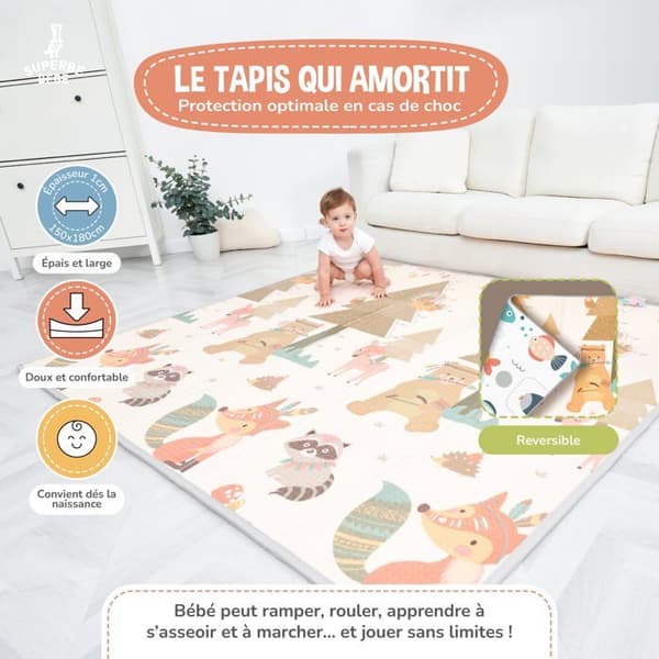Barnmatta för Barn Baby 150x180x1cm XXL Tjock Fällbar Vändbar Skummatta - Aktivitetsmatta för Baby - Matta