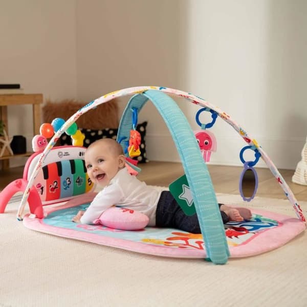 BABY EINSTEIN Lekmatta för spädbarn flicka 4-i-1 -Kickin’ Tunes- piano leksak, båge med sensoriska leksaker, flerspråkig