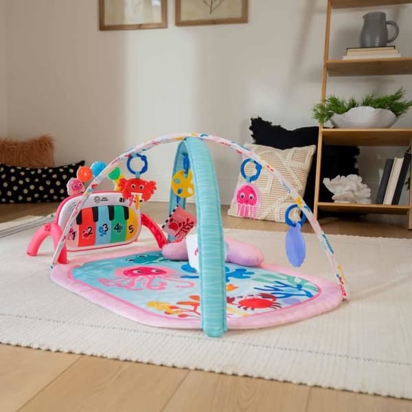 BABY EINSTEIN Lekmatta för spädbarn flicka 4-i-1 -Kickin’ Tunes- piano leksak, båge med sensoriska leksaker, flerspråkig