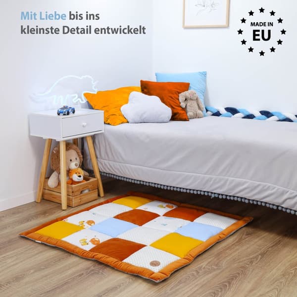 Babykrypmatta Velvet lekmatta 100x100 cm - PATCHWORK lekhageinlägg bomull med sammet och våffla piké nallar