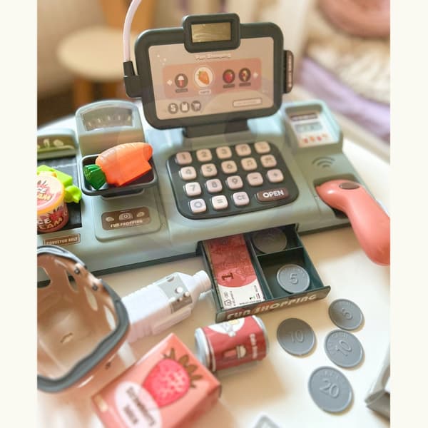 WOOPIE Barnbutik Kassaapparat Skannervåg Mikrofon + 25 Tillbehör
