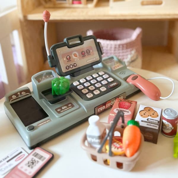 WOOPIE Barnbutik Kassaapparat Skannervåg Mikrofon + 25 Tillbehör