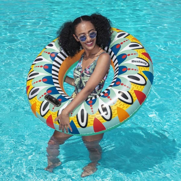 Bestway Flytande uppblåsbar flotte med handtag Azteka D107 cm +12 år strand och pool 36294