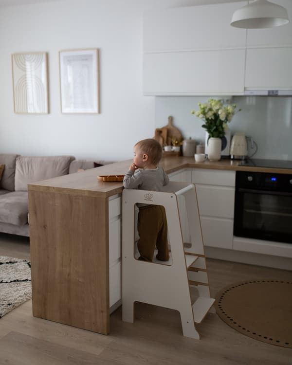 MeowBaby® Träkökshjälpare Lärotornet Stegpall för Barn Småbarn Kökstorn Modernt Lärande för Småbarn för Användning i Kök och Badrum trä Montessori Vit