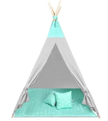Wigwam tipi teepee tält - lekstuga - 4 delar - 100% bomull - Mintgrön / prickar