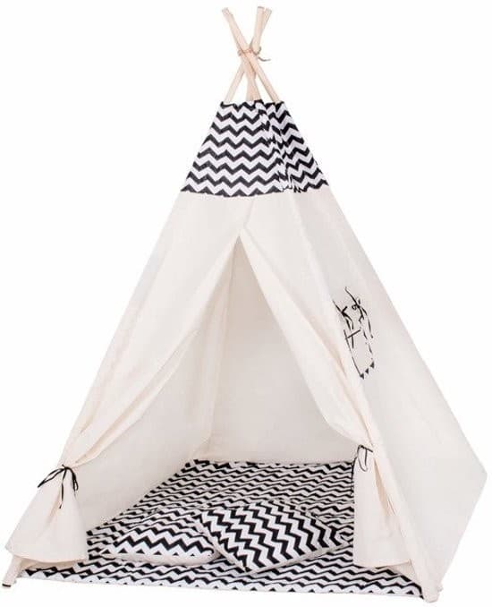Tipitält Wigwam beige med svart 100% bomull H160xB120xD100 cm Zebramotiv inklusive 2 kuddar