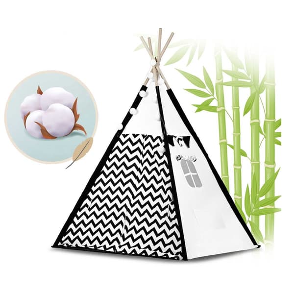 Tipi telt - Legetelt - Sort og hvid - med puder og lys