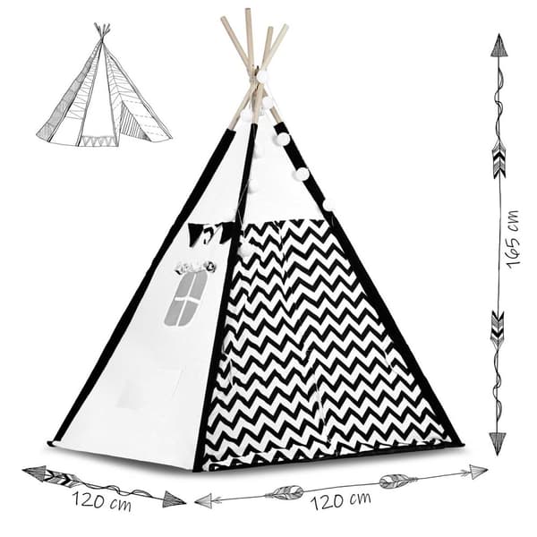 Tipi telt - Legetelt - Sort og hvid - med puder og lys